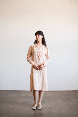 1920s Blush Damask Drop Waist Collared Dress