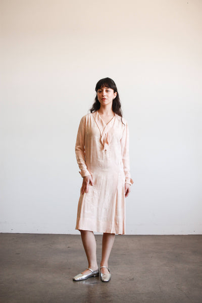 1920s Blush Damask Drop Waist Collared Dress