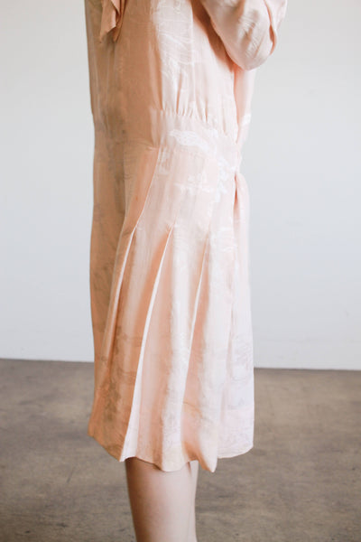 1920s Blush Damask Drop Waist Collared Dress