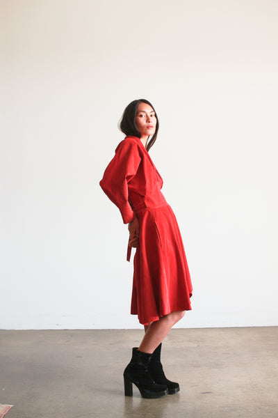 1970s Jean Claude Jitrois Crimson Suede Wrap Dress