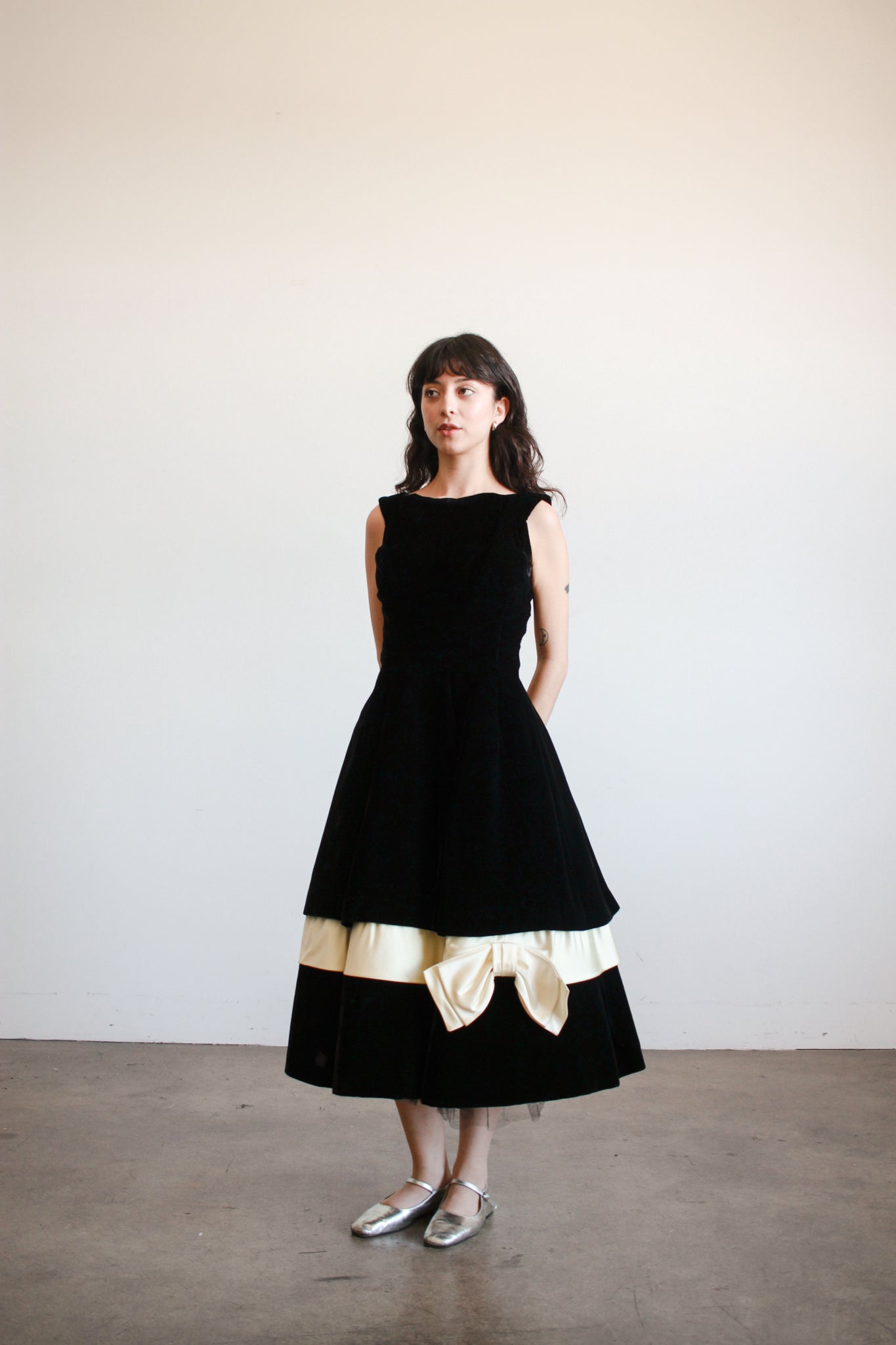 1950s Black Velvet Bow A-Line Dress