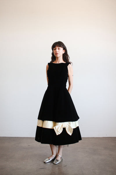 1950s Black Velvet Bow A-Line Dress