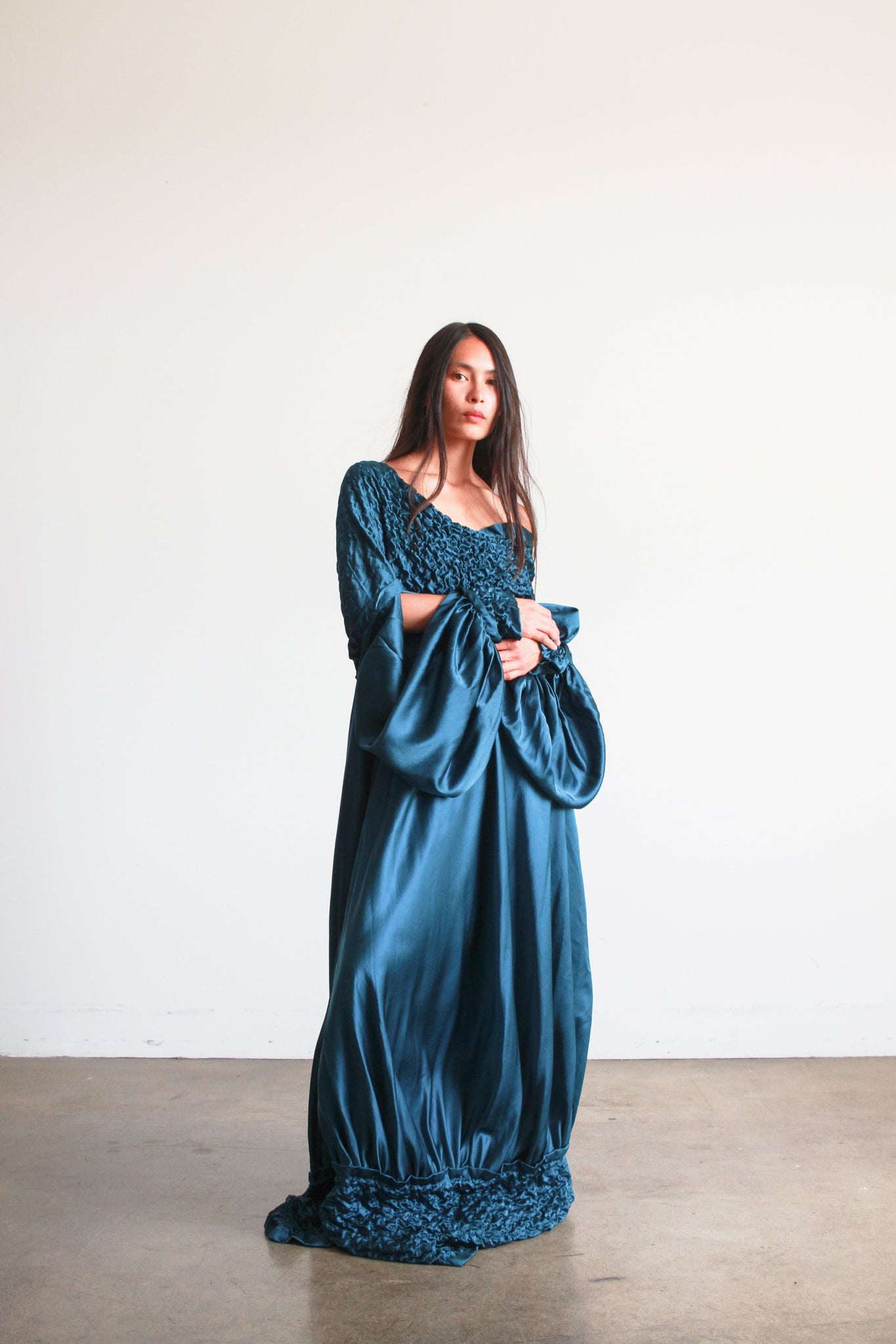 1980s Teal Silk Off the Shoulder Evening Dress