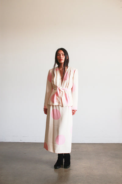 1980s I. Magnin Cream and Pink Polka Dot Skirt Set