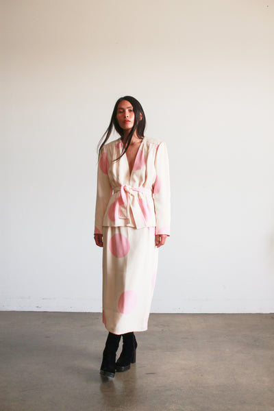 1980s I. Magnin Cream and Pink Polka Dot Skirt Set