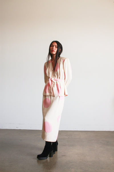 1980s I. Magnin Cream and Pink Polka Dot Skirt Set