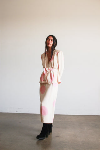 1980s I. Magnin Cream and Pink Polka Dot Skirt Set