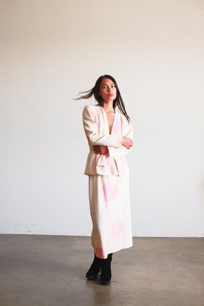 1980s I. Magnin Cream and Pink Polka Dot Skirt Set
