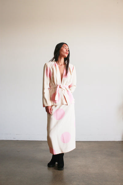 1980s I. Magnin Cream and Pink Polka Dot Skirt Set