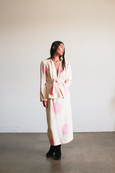 1980s I. Magnin Cream and Pink Polka Dot Skirt Set