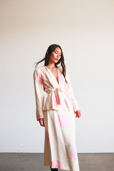 1980s I. Magnin Cream and Pink Polka Dot Skirt Set