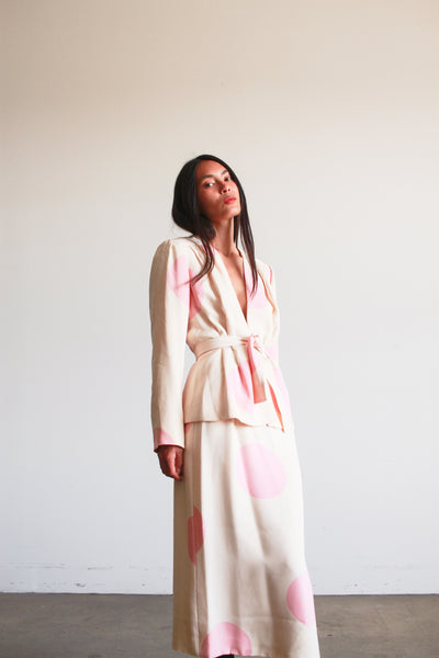 1980s I. Magnin Cream and Pink Polka Dot Skirt Set