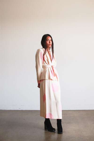 1980s I. Magnin Cream and Pink Polka Dot Skirt Set