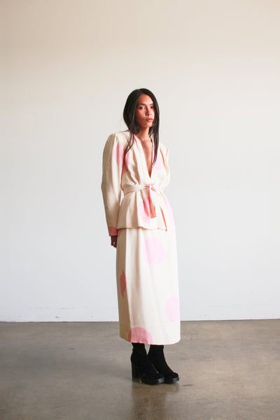 1980s I. Magnin Cream and Pink Polka Dot Skirt Set