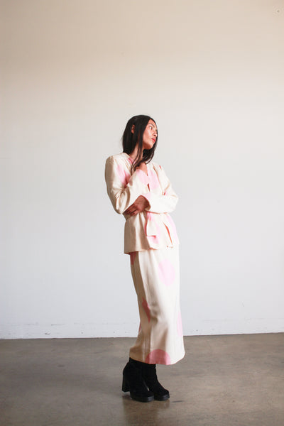 1980s I. Magnin Cream and Pink Polka Dot Skirt Set