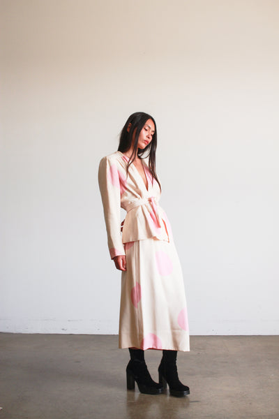 1980s I. Magnin Cream and Pink Polka Dot Skirt Set