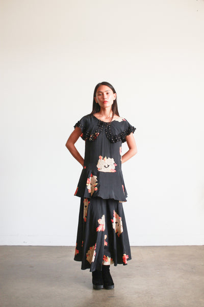 1930s Black Rayon Floral Tiered Dress