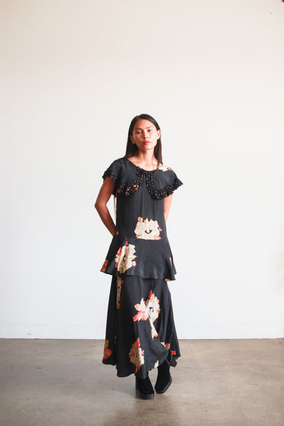 1930s Black Rayon Floral Tiered Dress