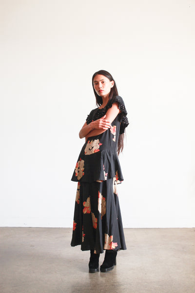 1930s Black Rayon Floral Tiered Dress
