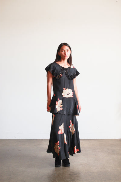 1930s Black Rayon Floral Tiered Dress
