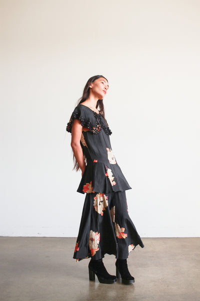 1930s Black Rayon Floral Tiered Dress