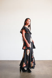 1930s Black Rayon Floral Tiered Dress