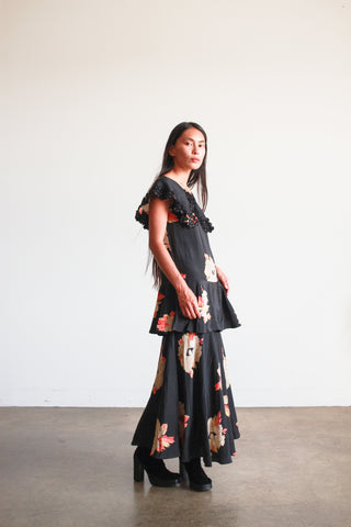 1930s Black Rayon Floral Tiered Dress