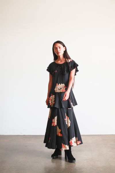 1930s Black Rayon Floral Tiered Dress