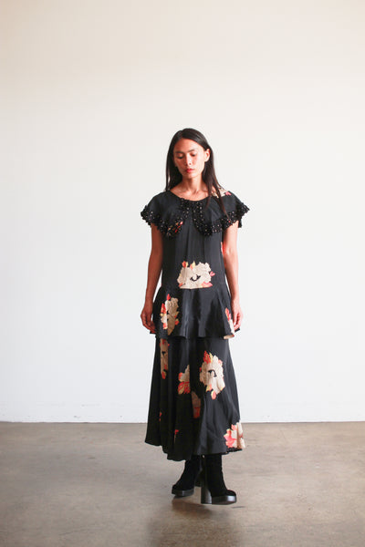 1930s Black Rayon Floral Tiered Dress