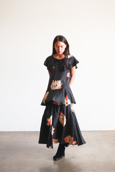 1930s Black Rayon Floral Tiered Dress
