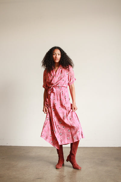 1940s Rose Cold Rayon Abstract Print Wrapover Dress