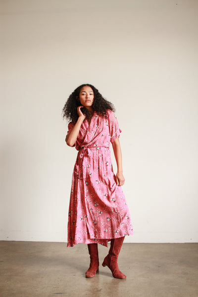 1940s Rose Cold Rayon Abstract Print Wrapover Dress