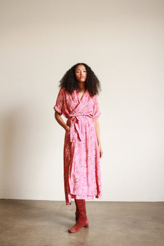 1940s Rose Cold Rayon Abstract Print Wrapover Dress