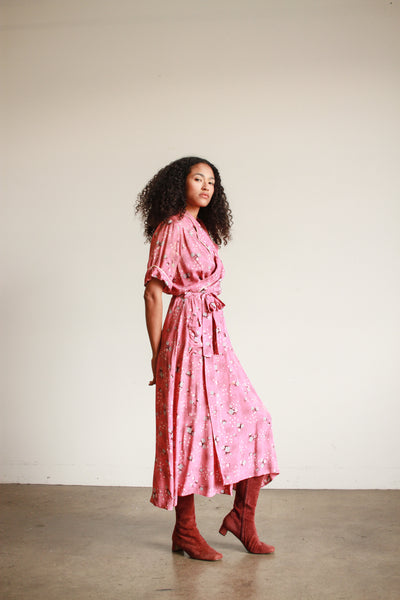 1940s Rose Cold Rayon Abstract Print Wrapover Dress