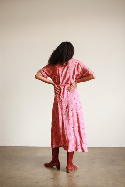 1940s Rose Cold Rayon Abstract Print Wrapover Dress