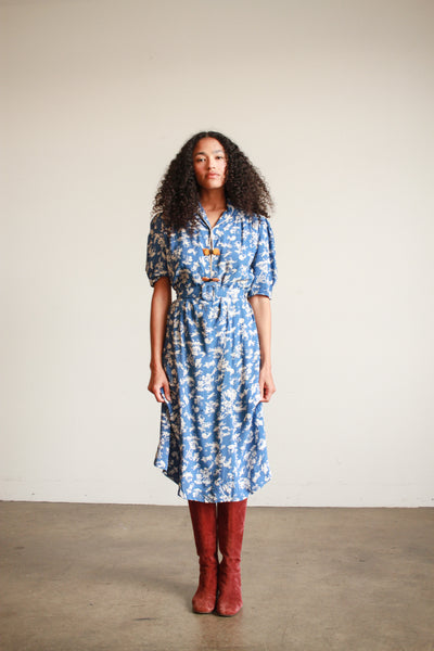 1940s Cerulean Cold Rayon Chinoiserie Motif Belted Dress