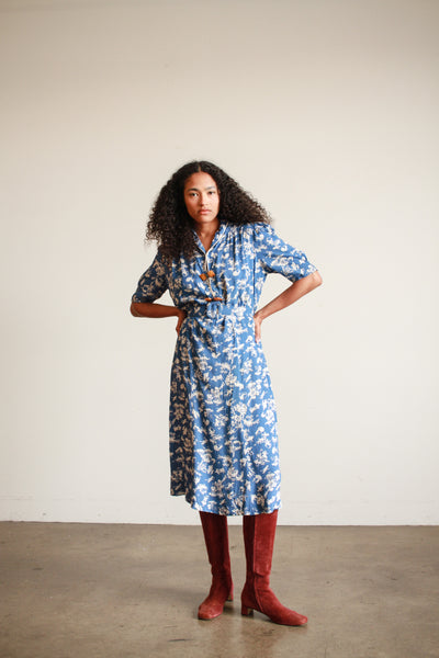 1940s Cerulean Cold Rayon Chinoiserie Motif Belted Dress