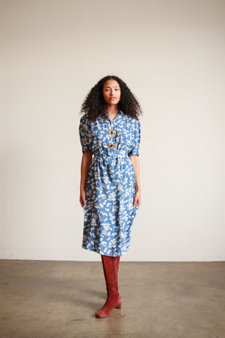 1940s Cerulean Cold Rayon Chinoiserie Motif Belted Dress