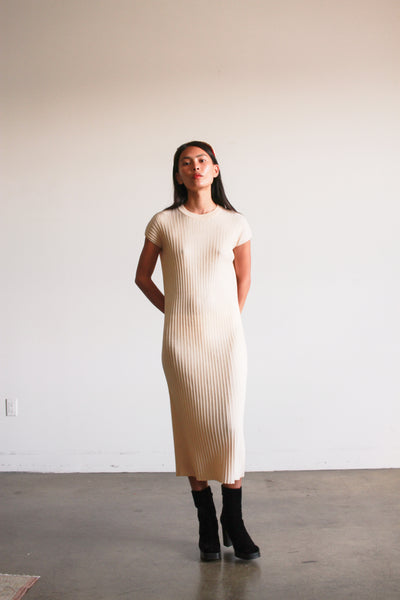 1960s Cream Ribbed Knit Midi Dress