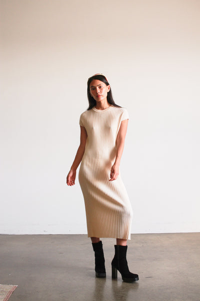 1960s Cream Ribbed Knit Midi Dress