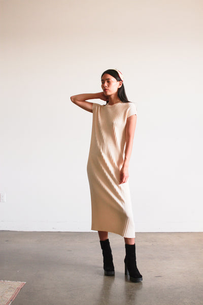 1960s Cream Ribbed Knit Midi Dress