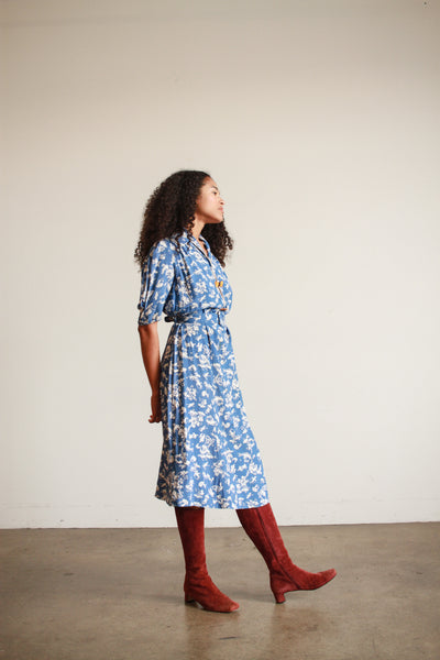 1940s Cerulean Cold Rayon Chinoiserie Motif Belted Dress