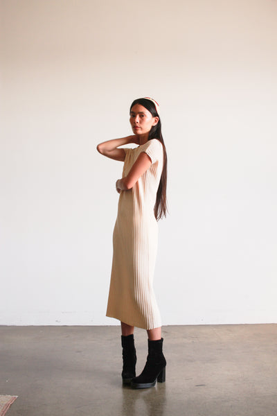 1960s Cream Ribbed Knit Midi Dress