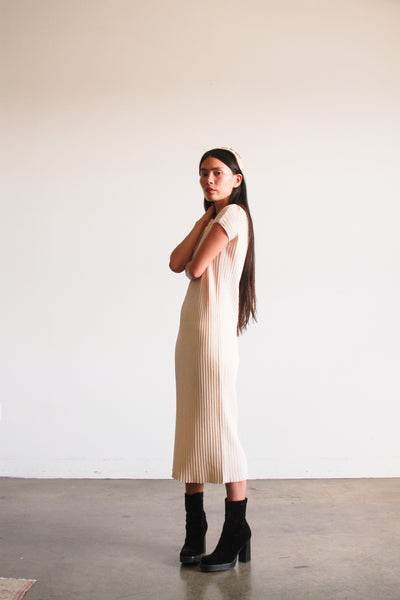 1960s Cream Ribbed Knit Midi Dress