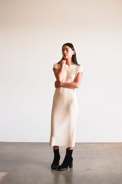 1960s Cream Ribbed Knit Midi Dress