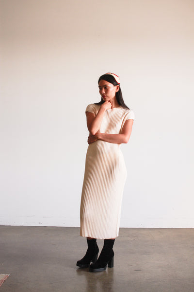1960s Cream Ribbed Knit Midi Dress