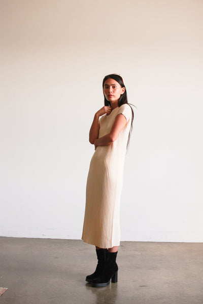 1960s Cream Ribbed Knit Midi Dress