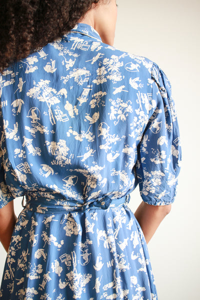 1940s Cerulean Cold Rayon Chinoiserie Motif Belted Dress