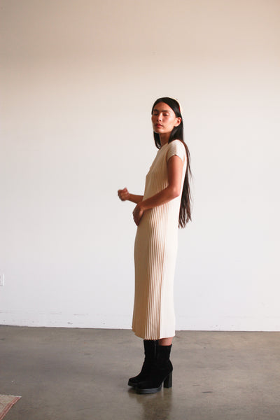 1960s Cream Ribbed Knit Midi Dress