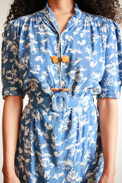 1940s Cerulean Cold Rayon Chinoiserie Motif Belted Dress